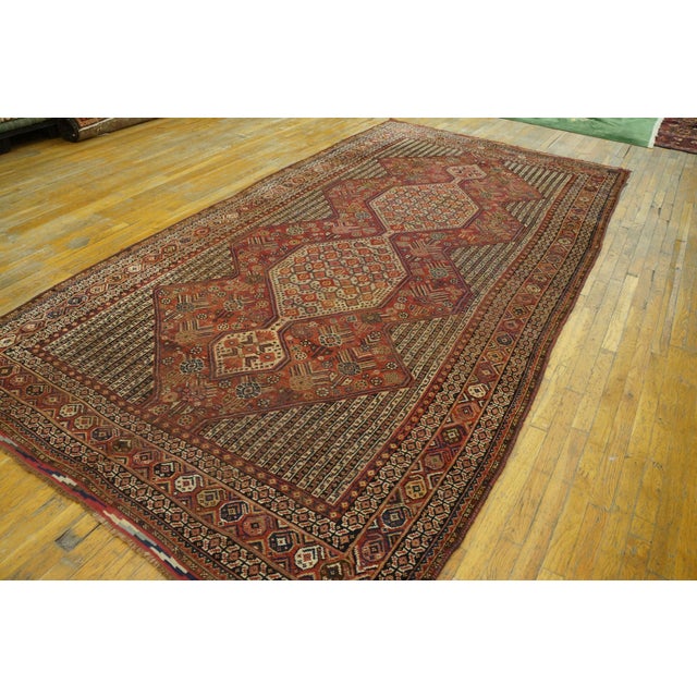 1900s Ivory Red Geometric Tribal Antique Persian Ghashgaie Gallery Rug 6'3" X 11'8" Handknotted Wool Carpet For Sale - Image 4 of 11