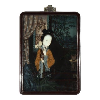 Antique Chinese Reverse Painted Portrait Wall Panel of a Woman & Vase C1920 For Sale