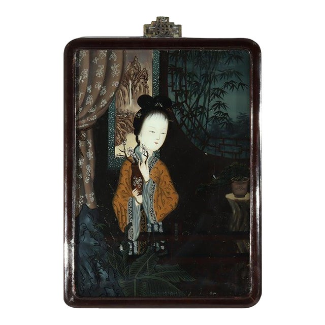Antique Chinese Reverse Painted Portrait Wall Panel of a Woman & Vase C1920 For Sale