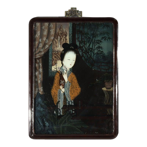 Antique Chinese Reverse Painted Portrait Wall Panel of a Woman & Vase C1920