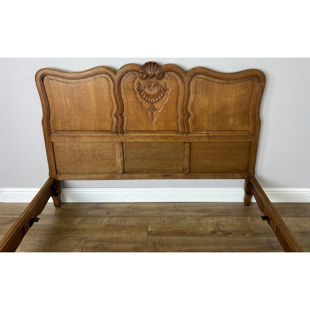 Vintage Louis XVI French Oak Double Bed Frame with Carved Headboard For Sale - Image 4 of 13
