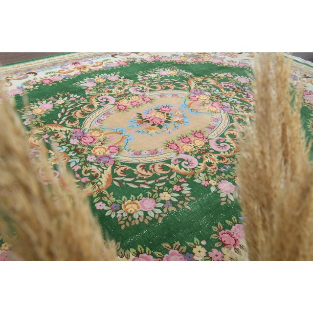 1970s 1970s Vintage Persian Handmade Wool Cotton Green Area Rug For Sale - Image 5 of 11