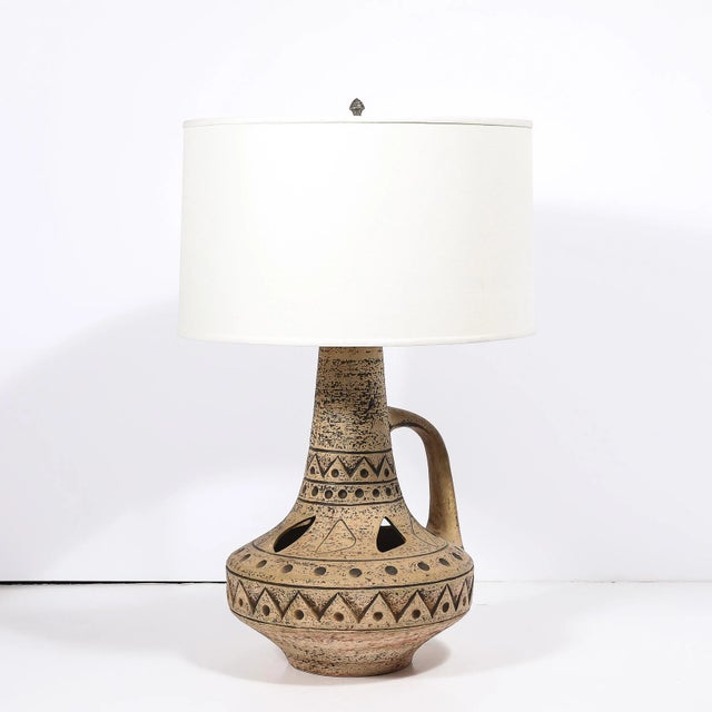 Mid-Century Modern Mid-Century Ceramic Table Lamp W/ Geometric Umber Motifs & Organic Cutout Detail For Sale - Image 3 of 14