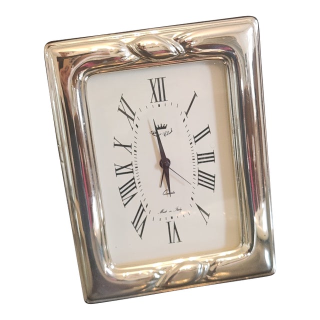 1980s Italian Real Clock 925 Sterling Silver-Clad Desk Clock With Mahogany-Tone Wood Case For Sale