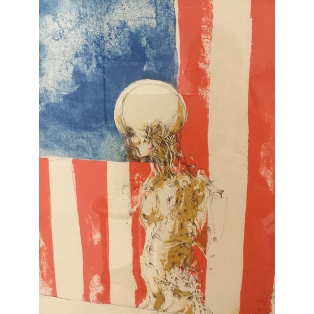 Mid-Century Modern 1970s Vintage Surrealistic Lithograph “Flag & Skeleton” by H. Truss For Sale - Image 3 of 13