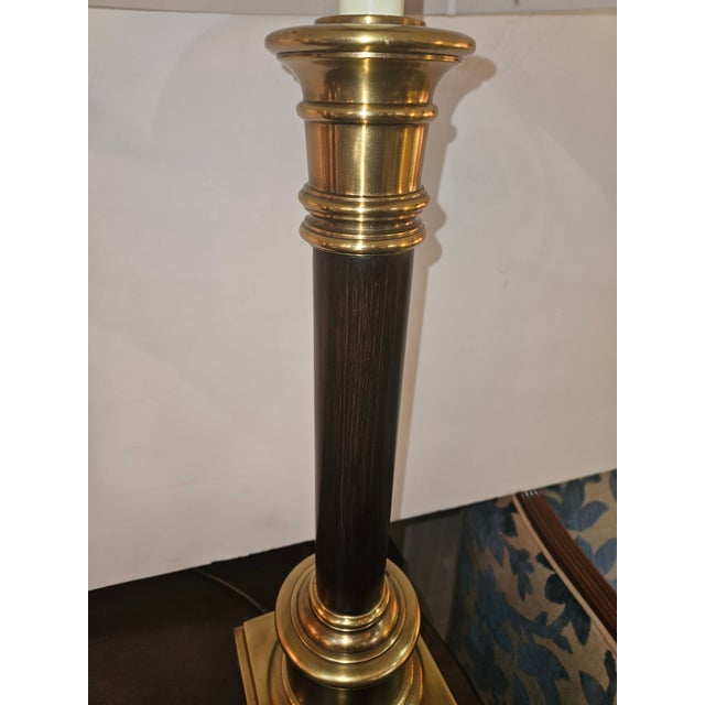 Neoclassical Handsome Classical Column Faux Painted Wood Lamps With Brass Capitals and Base - A Pair For Sale - Image 3 of 4
