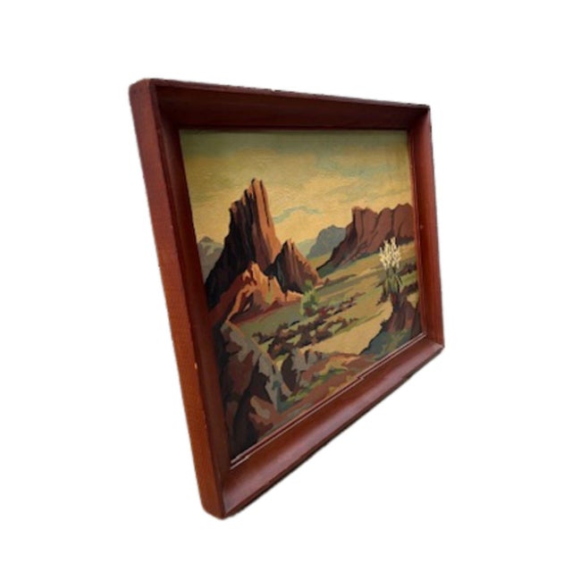 Vintage oil painting depicting a stylized Southwestern desert landscape, featuring dramatic rock formations, open plains,...