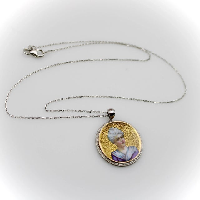 Late 19th Century 14K Gold Victorian Enamel Miniature Portrait Medallion with 14K Gold Chain For Sale - Image 5 of 7