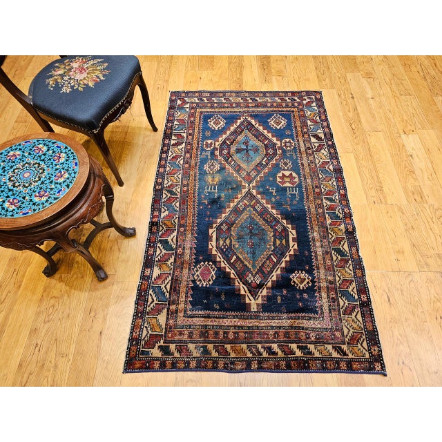 19th Century Caucasian Kazak Area Rug, Hand-Knotted Wool, Blue & Ivory, 4' x 6' For Sale - Image 9 of 18