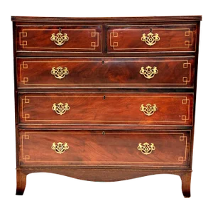 1740s English, King George III Flame Mahogany, Rosewood and Tulipwood Veneers and Inlay Chest of Drawers