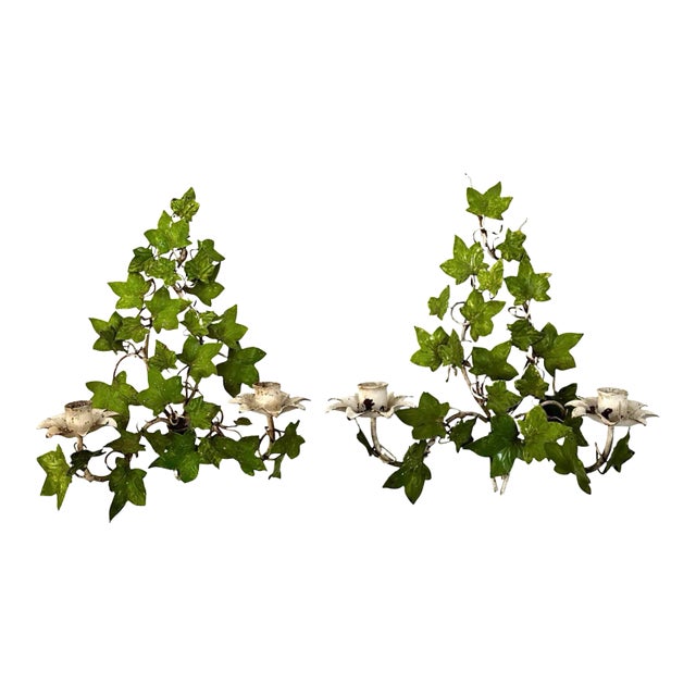Pair of Vintage Italian Tole Painted Green Botanical Ivy Leaf Wall Candle Sconces For Sale