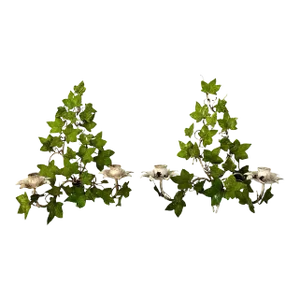 Pair of Vintage Italian Tole Painted Green Botanical Ivy Leaf Wall Candle Sconces
