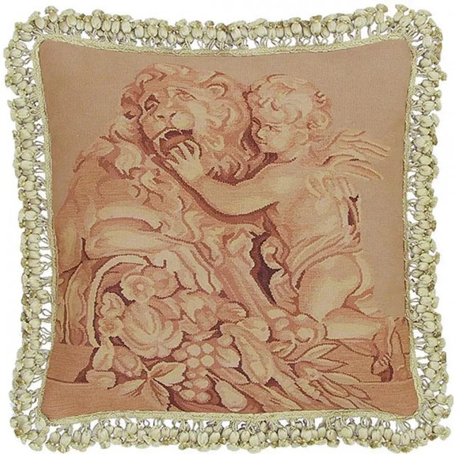 Contemporary Aubusson Square Lion & Cherub Throw Pillow For Sale - Image 3 of 3