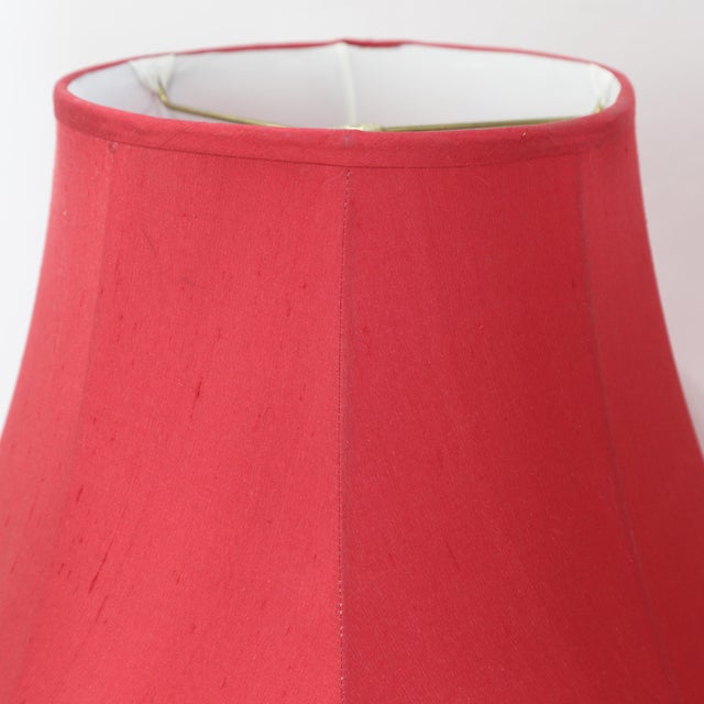 Pair of Vintage Red Textured Raw Silk Scalloped Bell Lamp Shades For Sale - Image 10 of 13