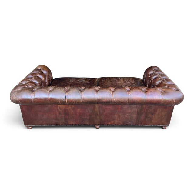 Restoration Hardware Chesterfield Cognac Leather Sofa With Brass Nailhead & Casters For Sale - Image 13 of 16