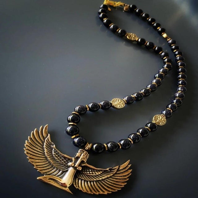 Magical Goddess Isis Pendant Black Beaded Necklace For Sale In Miami - Image 6 of 11