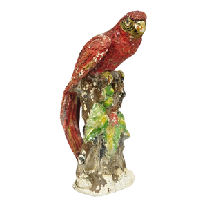 Mid 20th Century Vintage Hollywood Regency Cast Plaster Red Tropical Parrot Macaw 29" Statue