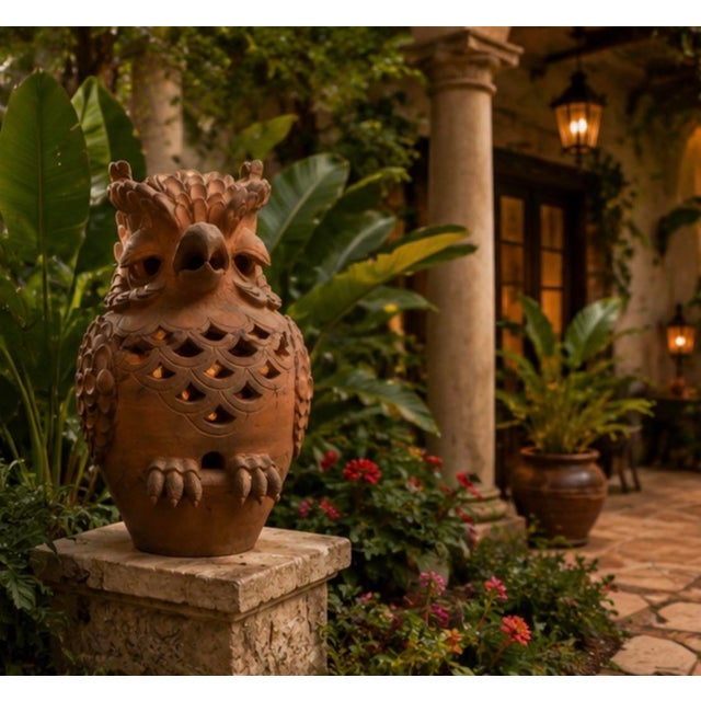 Vintage Italian-Style Terracotta Owl Garden Statue & Lantern For Sale In West Palm - Image 6 of 12
