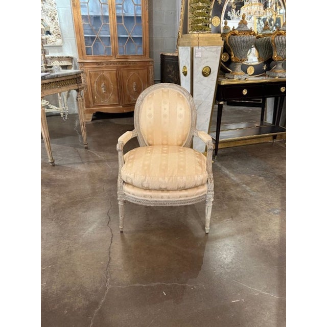 Wood 18th Century French Louis XVI Carved and Painted Armchair For Sale - Image 7 of 7