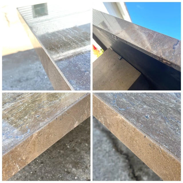 Monumental Square Travertine Dining Table With Pedestal Base and Sculpted Apron in the Italian Modern Style For Sale - Image 12 of 13