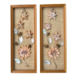 Pair of Vintage Handmade Philippine Seashell Floral Wall Panels on Woven Grasscloth For Sale