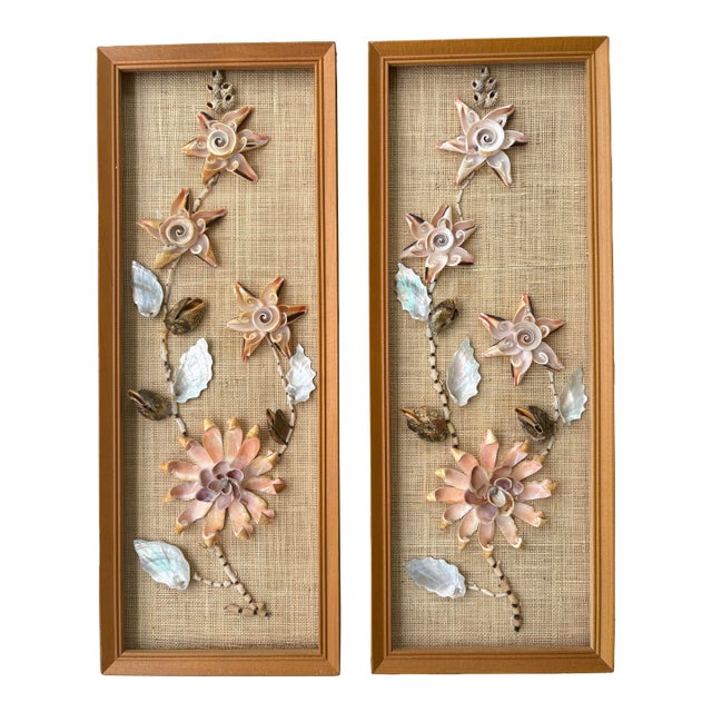 Pair of Vintage Handmade Philippine Seashell Floral Wall Panels on Woven Grasscloth For Sale
