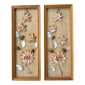 Pair of Vintage Handmade Philippine Seashell Floral Wall Panels on Woven Grasscloth