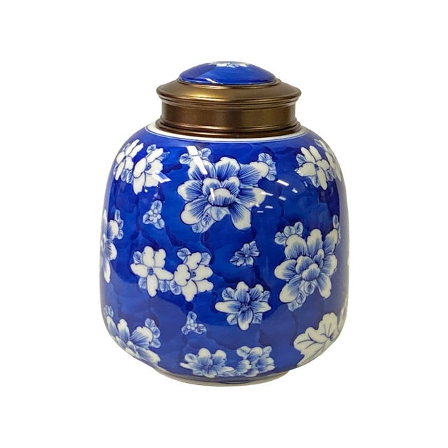 2020s Oriental Handmade Blue White Porcelain Metal Lid Container Urn For Sale - Image 5 of 5
