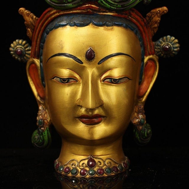 Late 20th Century Late 20th Century Nepalese Gilt Bronze & Polychrome Tara Head, Handcrafted Buddhist Deity Sculpture For Sale - Image 5 of 9