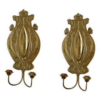 Swedish Art Nouveau Style Brass Double Arm Sconces, Set of 2 For Sale