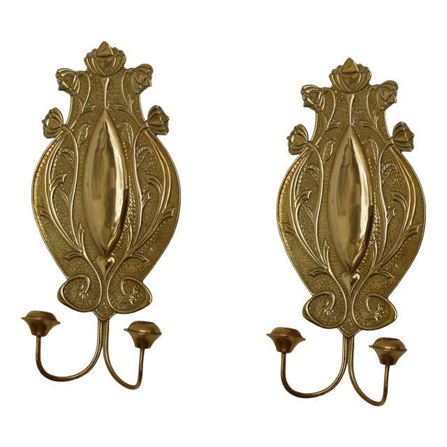 Swedish Art Nouveau Style Brass Double Arm Sconces, Set of 2 For Sale