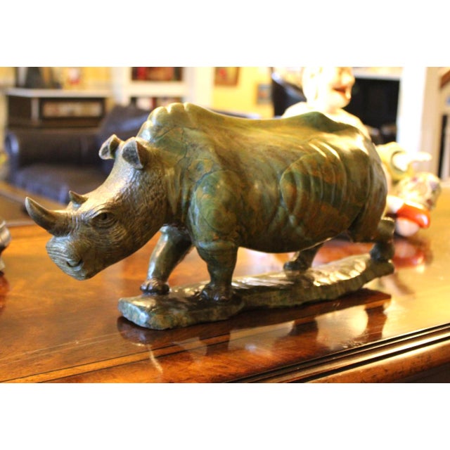 Original James Tandi Signed Verdite Shona Stone Rhinoceros Sculpture, Large For Sale - Image 4 of 14
