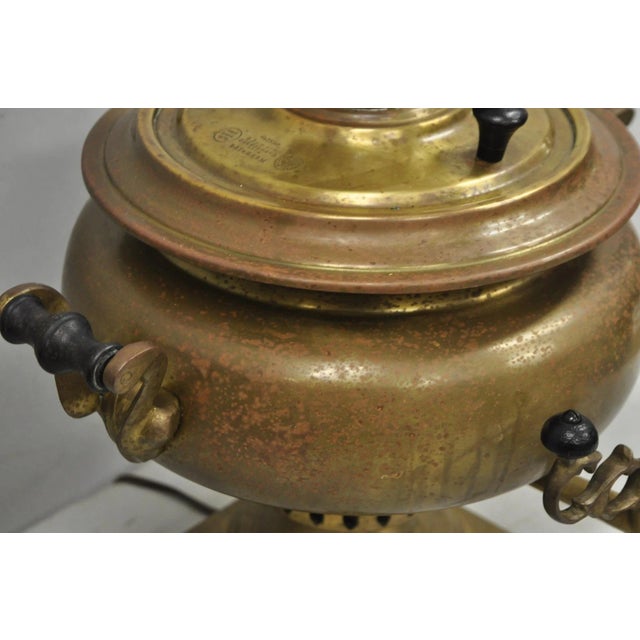Gold Antique Victorian Brass Samovar Converted Twin Handle Table Lamp For Sale - Image 8 of 14