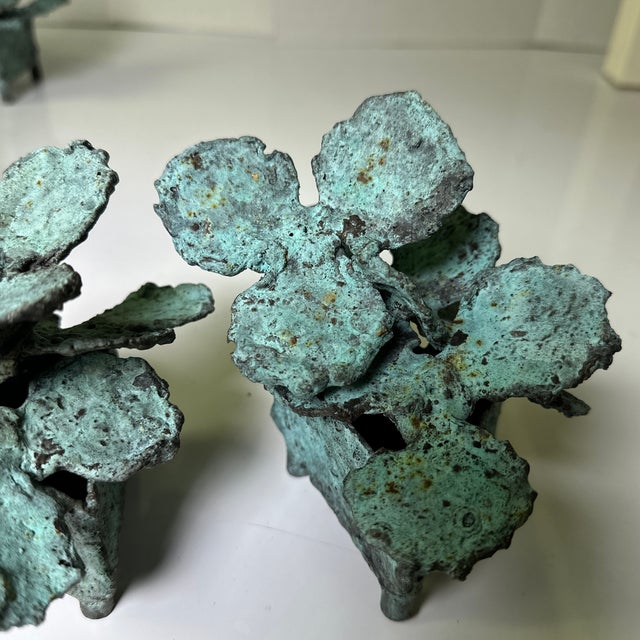 1990s Bronze Flowers in Triangular Pots With Feet. For Sale - Image 9 of 11