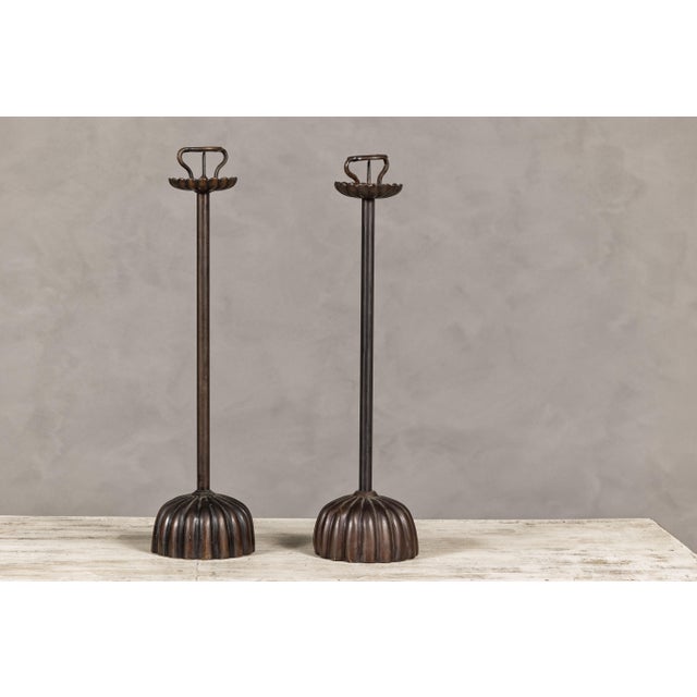 Japanese Metal Candleholders with Gadrooned Base - Set of 2 For Sale - Image 11 of 12