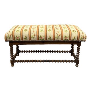 Antique Turned Wood Bench with Floral Tapestry Seat For Sale