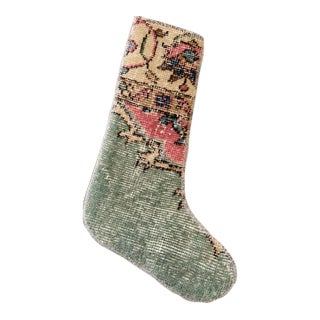 Vintage Turkish Hand-Knotted Wool Rug Christmas Stocking, Bohemian Pink & Sage For Sale