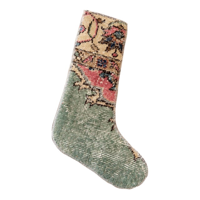 Vintage Turkish Hand-Knotted Wool Rug Christmas Stocking, Bohemian Pink & Sage For Sale