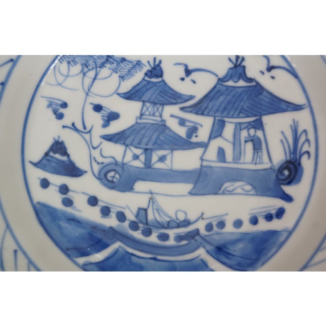 Blue Antique Chinese Export Canton Blue White Pagoda Landscape Bread Plates 7" - 10 pcs For Sale - Image 8 of 10