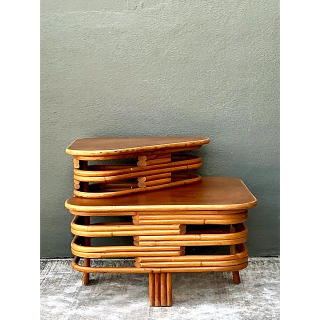 Mid-Century Modern Vintage Stacked Rattan Side Table After Paul Frankl For Sale - Image 3 of 12