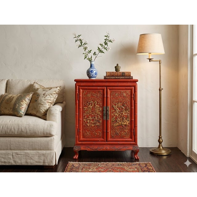 Oriental Red Matte Golden Relief Carving Small Cabinet Chest For Sale - Image 4 of 13