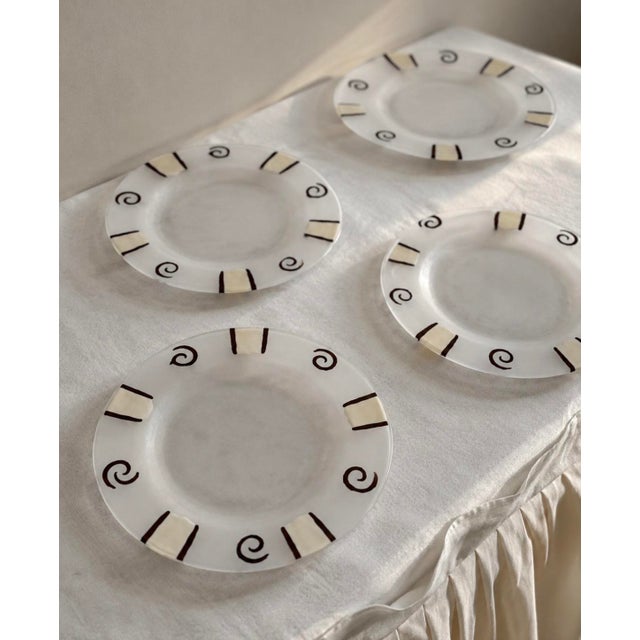 A chic set of 5 vintage frosted/clear glass salad or appetizer plates featuring a bold postmodern border — alternating...