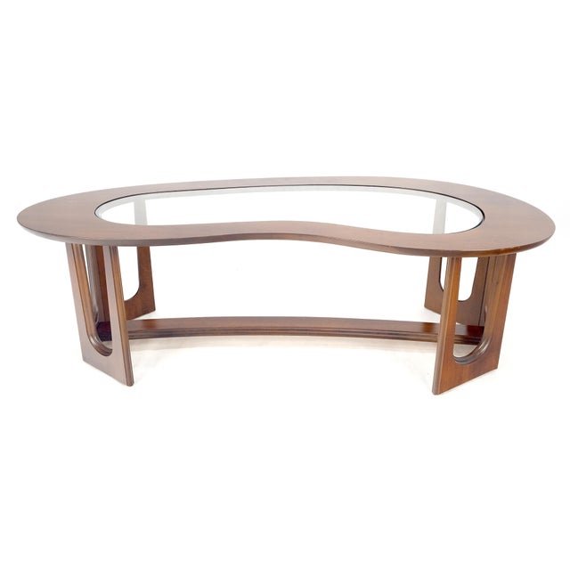 Oiled Walnut Boomerang Kidney Shape Glass Top Stretcher Base Coffee Table Mint! For Sale - Image 13 of 15