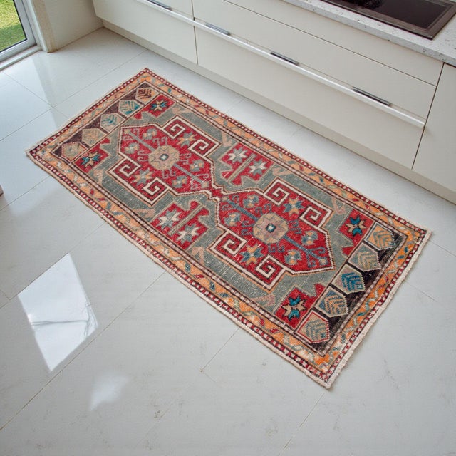 Contemporary 1960s Hand Knotted Turkish Rug Door Mat, Entryway Rug, Bath Mat, Kitchen Decor, Small Runner Rug,- 1′10″ × 3′10″ For Sale - Image 3 of 8