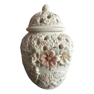 Vintage Late 1900s Large Ceramic Ivory Colored Floral & Birds Potpourri Diffuser Ginger Jar For Sale