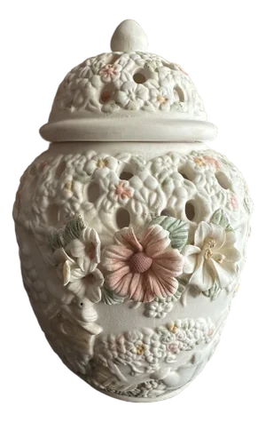 Vintage Late 1900s Large Ceramic Ivory Colored Floral & Birds Potpourri Diffuser Ginger Jar