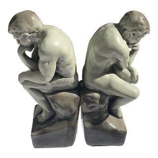 Vintage Ceramic Faux-Stone Glazed Thinking Man Bookends- a Pair For Sale