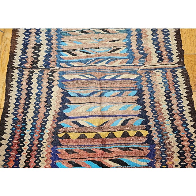 Brown Antique Kurdish Bidjar Tribal Kilim Rug, Handwoven Wool, Stripe Pattern, Turquoise & Yellow, 5x9 For Sale - Image 8 of 15