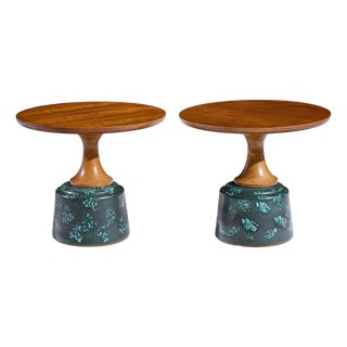 John Van Koert for Drexel Mid Century Green Ceramic and Walnut Side End Tables - Pair For Sale