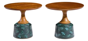 John Van Koert for Drexel Mid Century Green Ceramic and Walnut Side End Tables - Pair